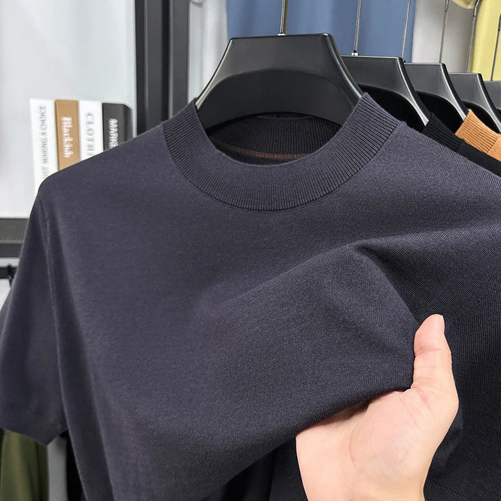 Smart casual men's short sleeve mock neck t-shirt, slim fit, versatile for any occasion.