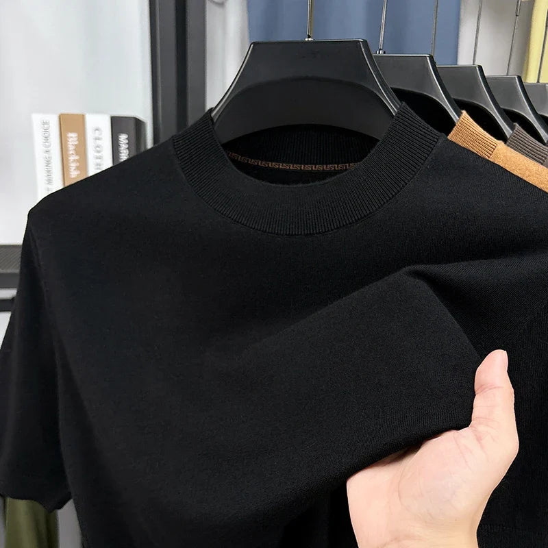 Men's modern slim fit short sleeve mock neck top, a wardrobe essential.