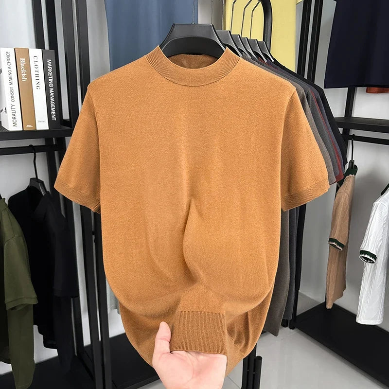 Streamlined men's slim fit short sleeve mock neck t-shirt, enhancing modern style.