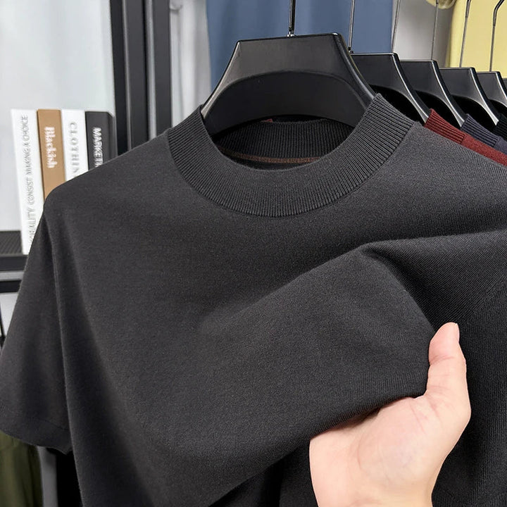 Essential men's casual short sleeve mock neck t-shirt, slim fit, easy to style.