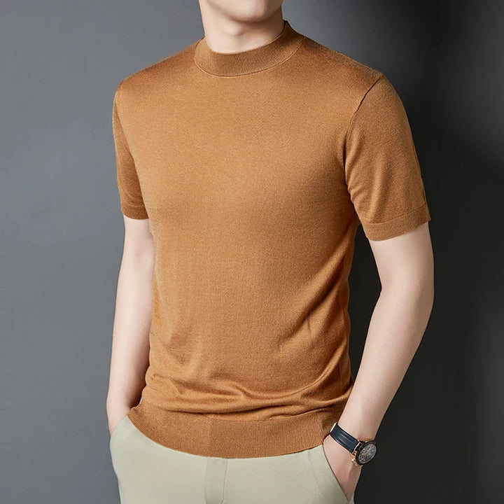 Comfortable men's slim fit short sleeve mock neck t-shirt, great for summer fashion.