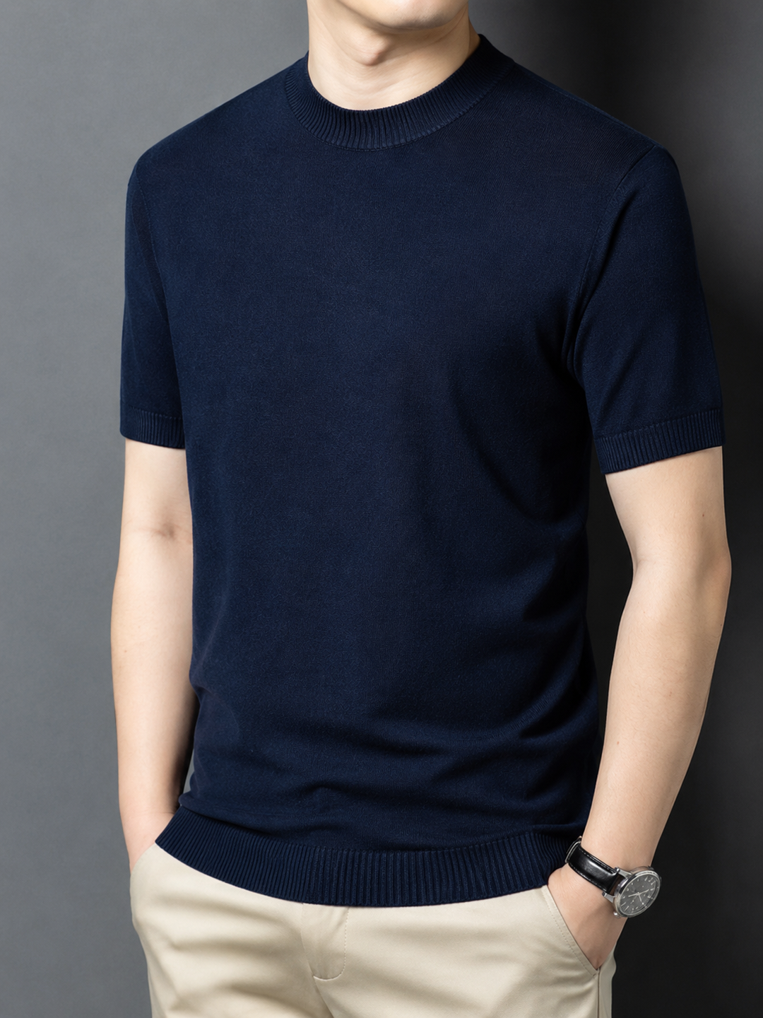 Men's clothing: slim fit short sleeve mock neck tee, a casual and trendy staple.