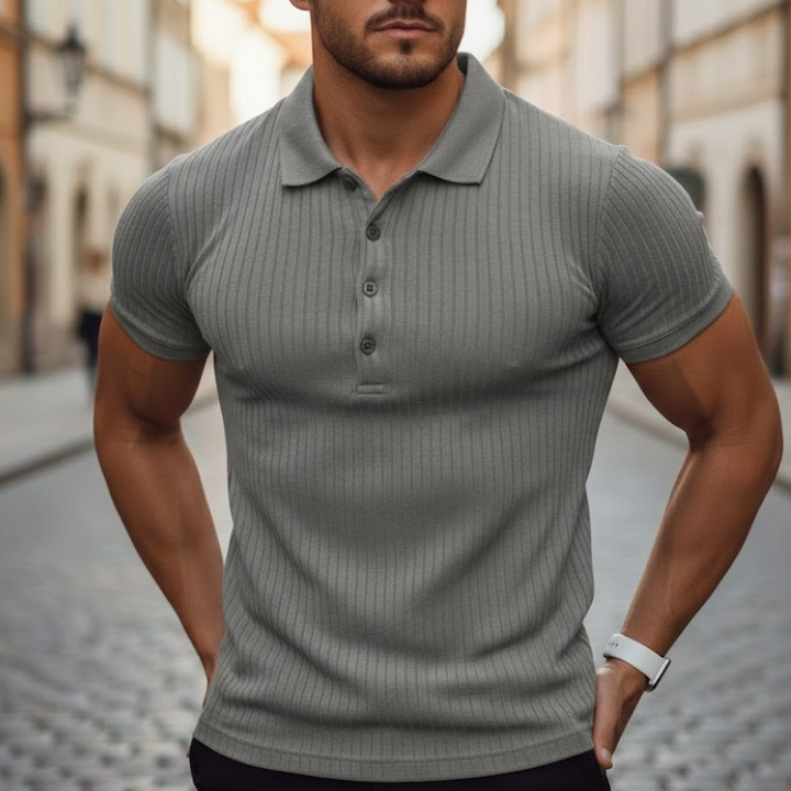 Stylish men's slim fit short sleeve polo for versatile wear. Perfect casual top for summer comfort.
