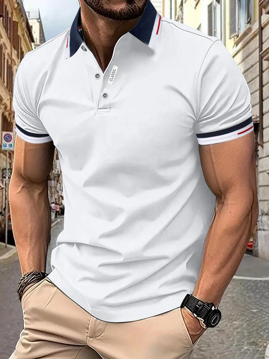 Versatile men's short sleeve polo, slim fit design for summer fashion and everyday casual wear.