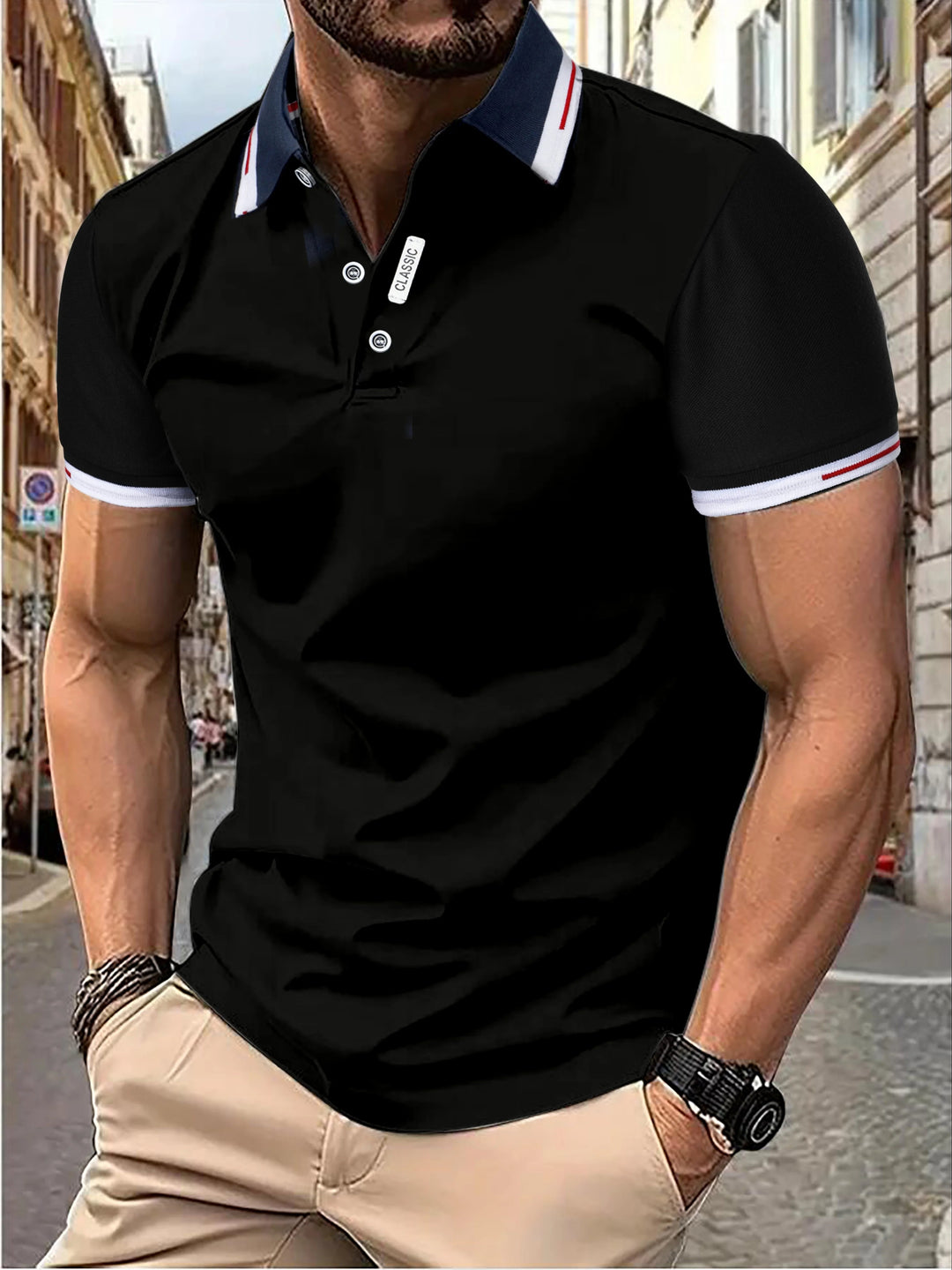 Classic button-up men's polo shirt, slim fit and short sleeve, ideal for a smart casual modern look.