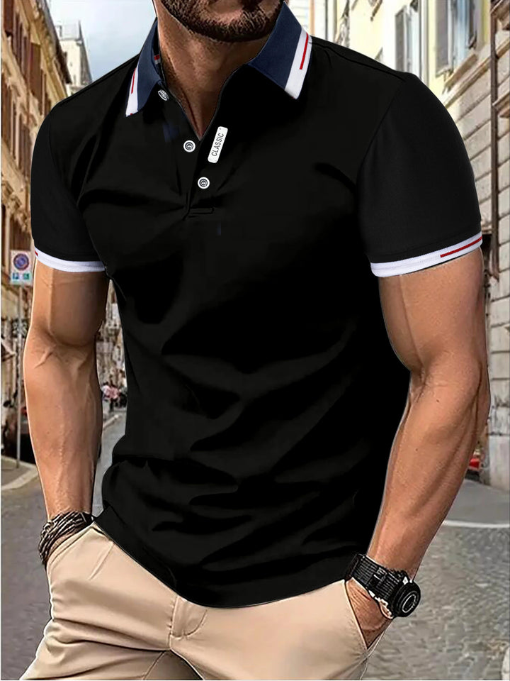 Classic button-up men's polo shirt, slim fit and short sleeve, ideal for a smart casual modern look.