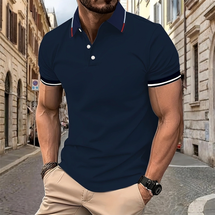 Men's wardrobe essential: slim fit short sleeve polo, offering comfort and style for daily casual outfits.