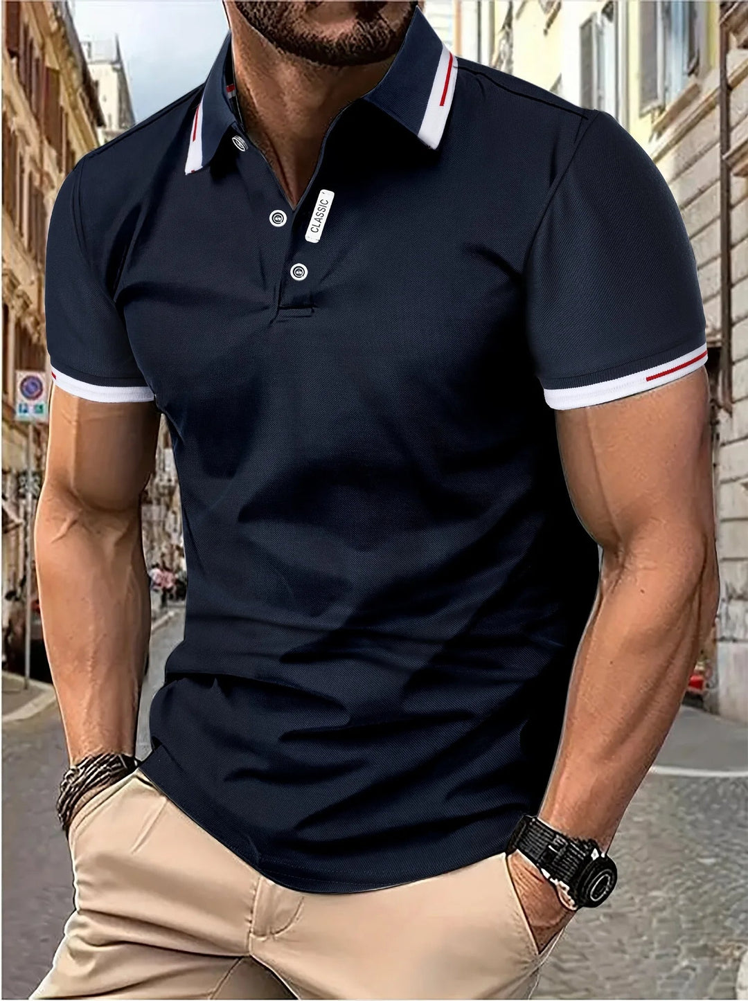 Men's slim fit short sleeve polo, a modern casual shirt that's a wardrobe essential for summer and everyday.