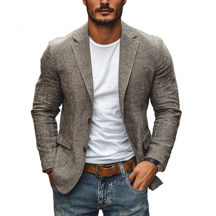 Men's slim fit single-breasted blazer in a sharp style for smart casual or evening wear.