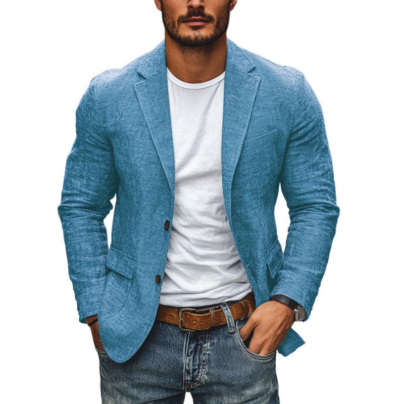 Casual men's slim fit single-breasted blazer, ideal lightweight summer jacket for modern fashion.