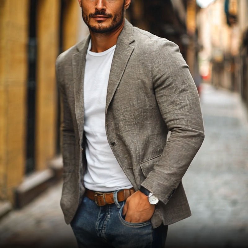 Lightweight men's slim fit blazer, single-breasted design for comfortable smart casual style.