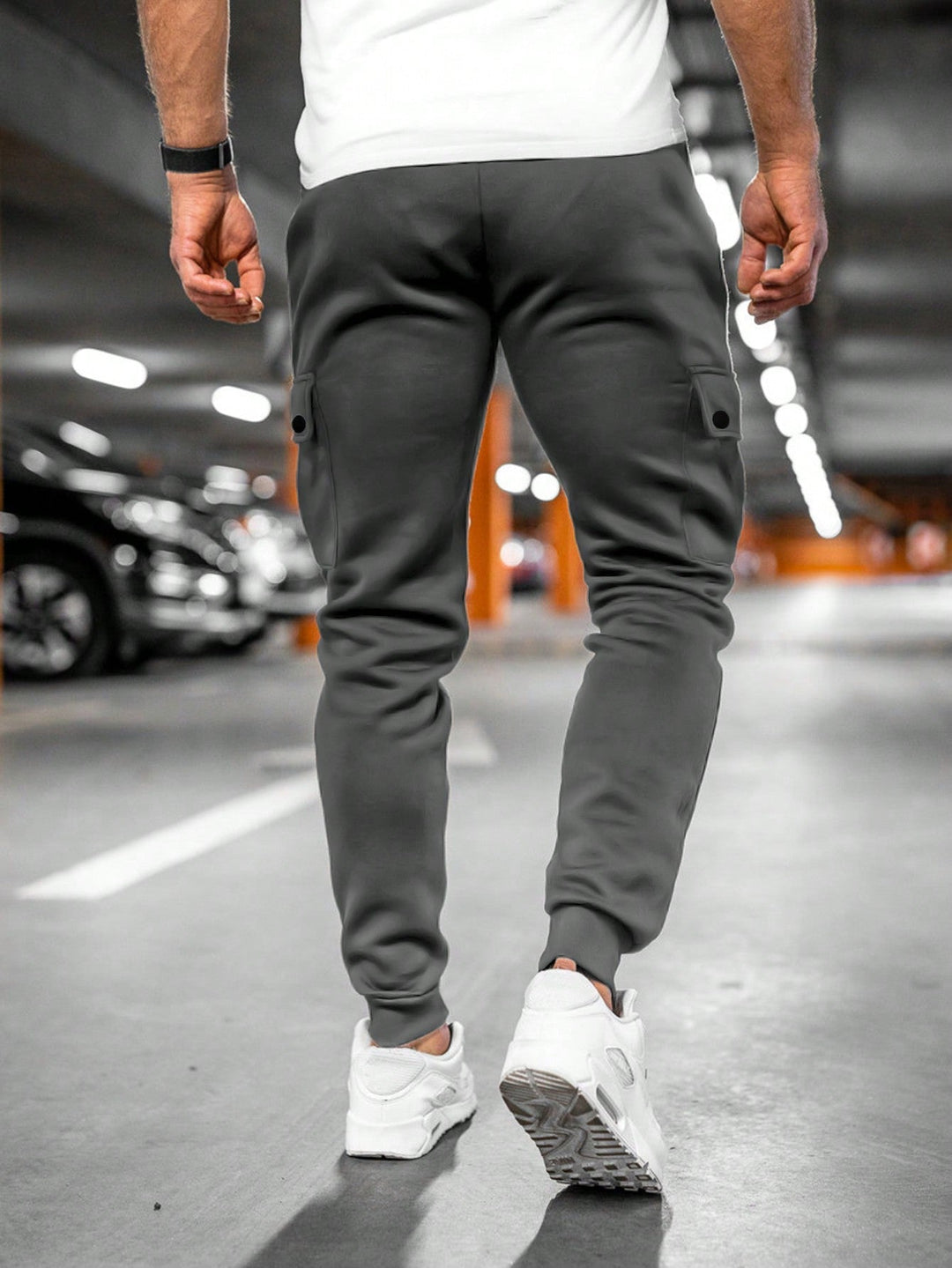 Slim-fit men's cargo joggers, black, comfortable for urban fashion and casual wear.