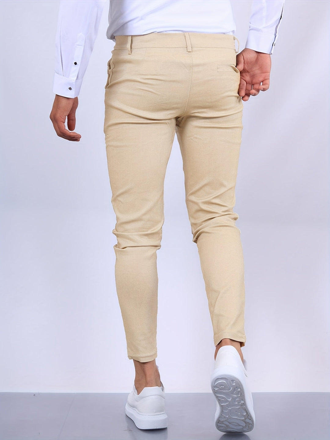 Men's slim fit stretch chino trousers. Versatile casual pants suitable for office, smart casual, and daily wear.