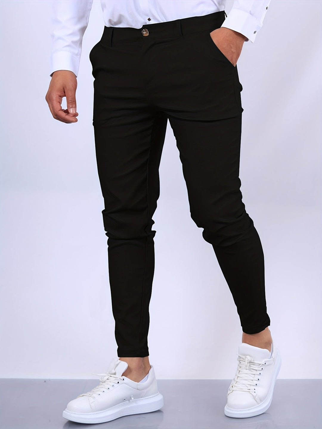 Versatile men's slim fit stretch chino trousers. Great for casual pants, office wear, or smart casual outfits.