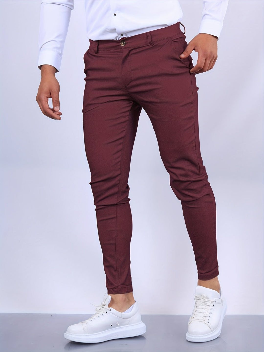 Classic men's slim fit twill chino trousers, featuring comfortable stretch fabric for versatile everyday style.