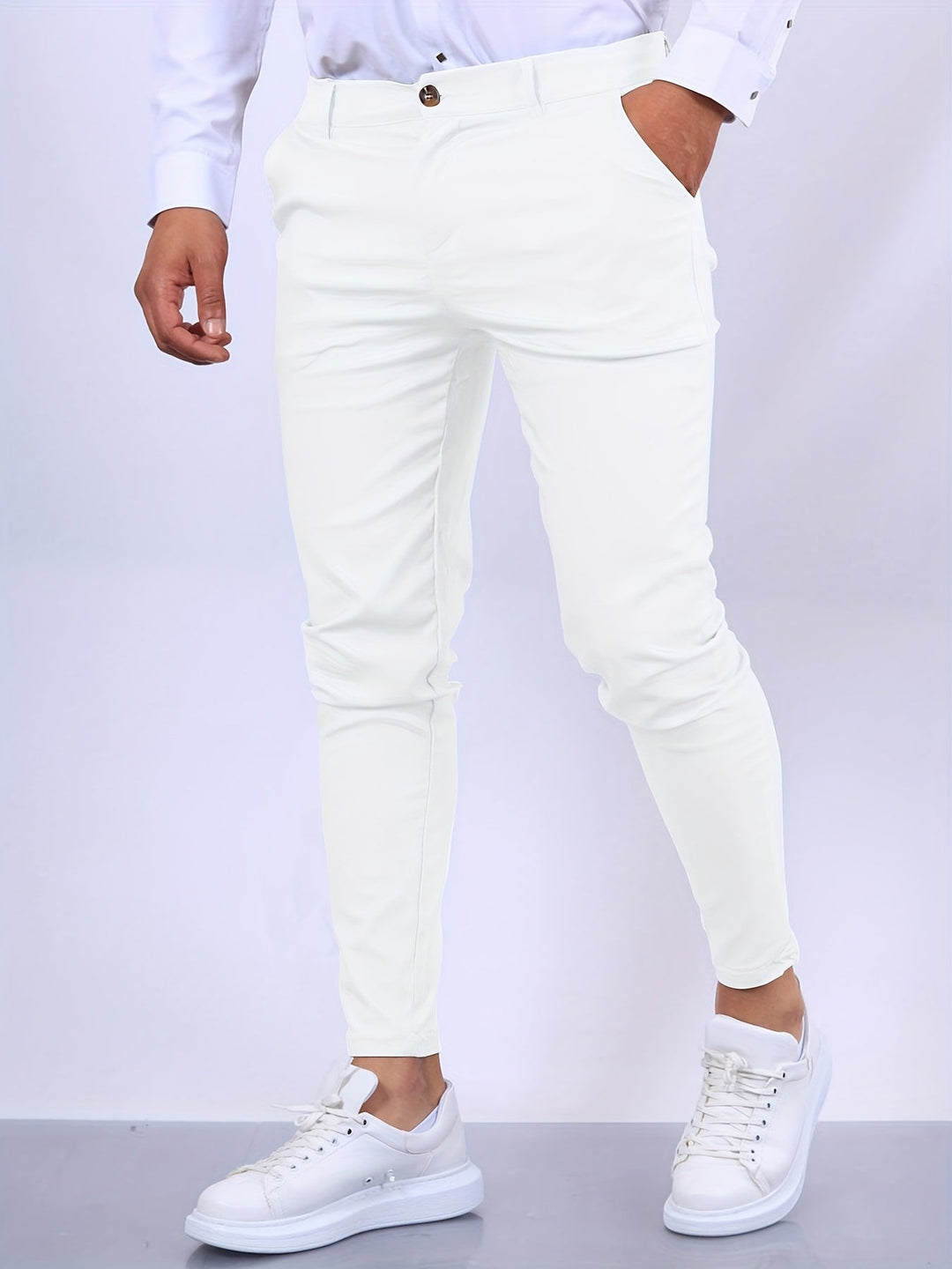 Modern men's fashion: slim fit stretch chino trousers, perfect for a smart casual look or daily wear.