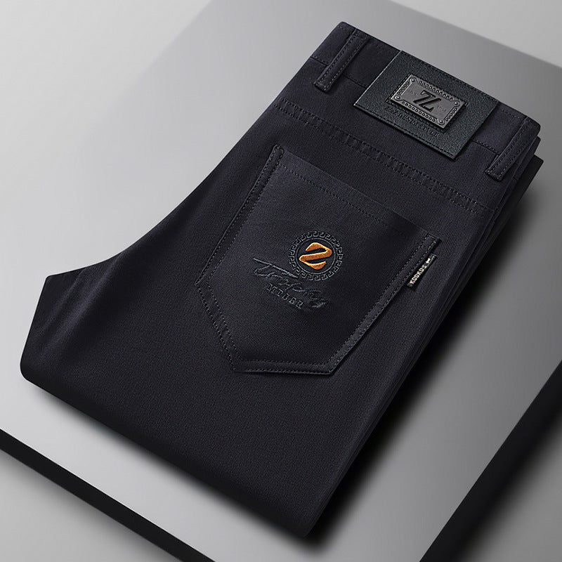 Black men's slim-fit stretch trousers. Comfortable cotton blend pants for versatile casual and smart casual styling.