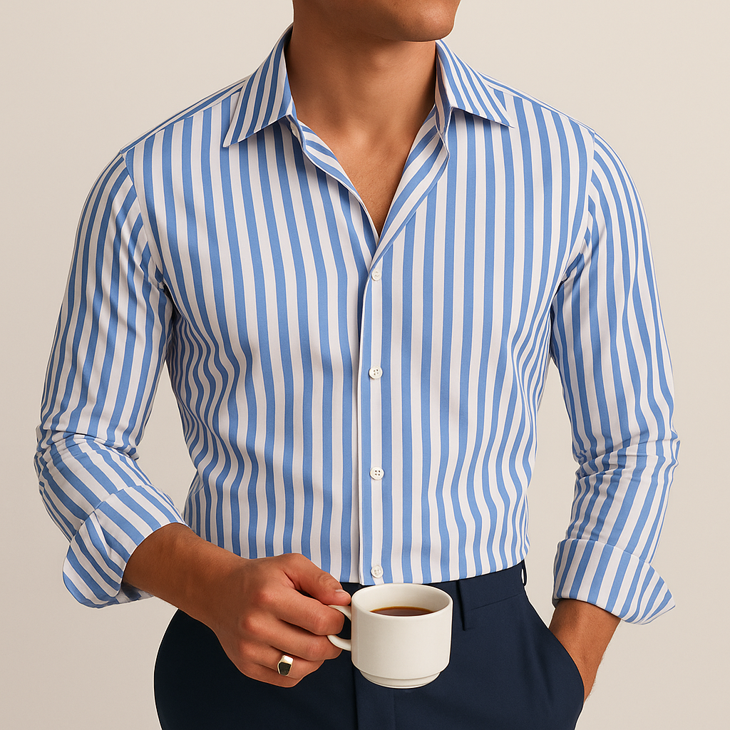 Men's slim-fit striped polo shirt in a smart casual style. Versatile collared top for modern men's fashion.