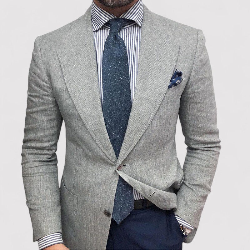 Men's slim fit tailored blazer in light gray, ideal for smart casual, business attire, or formal wear.