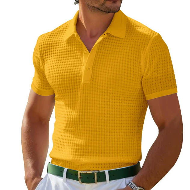 Breathable men's slim fit polo with unique texture. Short sleeve, classic collar for versatile everyday fashion.