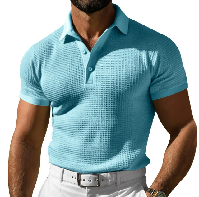 Modern men's textured polo top, slim fit, short sleeve. Perfect for smart casual outfits and summer comfort.