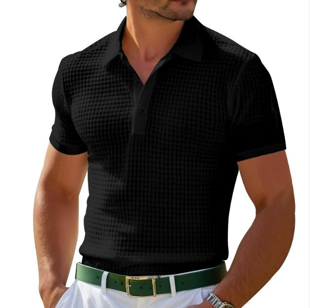 Classic men's slim fit textured polo with short sleeves. Breathable fabric, ideal for modern summer casual wear.
