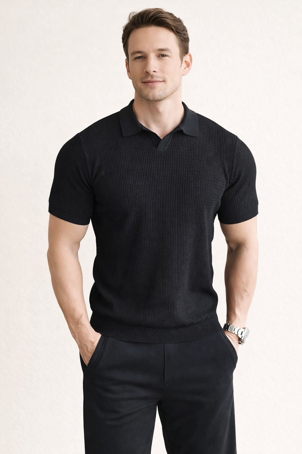 Men's slim fit textured polo shirt, short sleeve, perfect for casual summer wear & daily style.