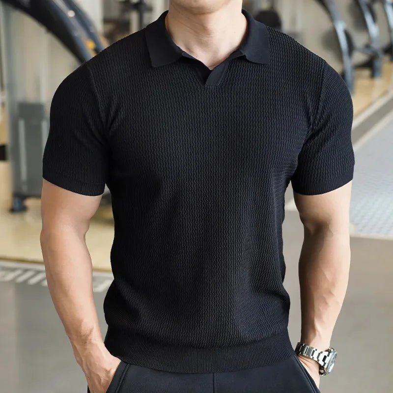 Slim fit men's short sleeve polo, textured design, great for casual outings & summer fashion.