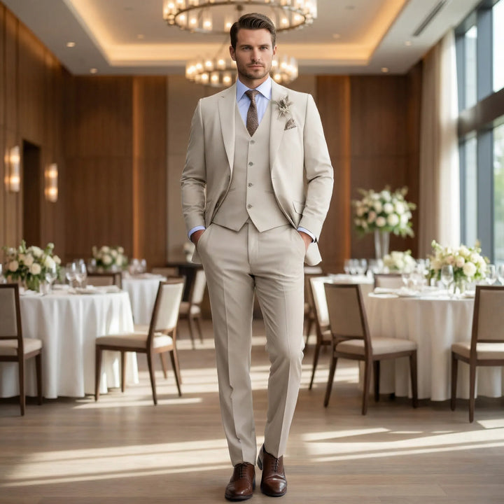 Men's slim fit three-piece suit. Elegant formal wear for business, weddings & gala. Modern men's fashion.