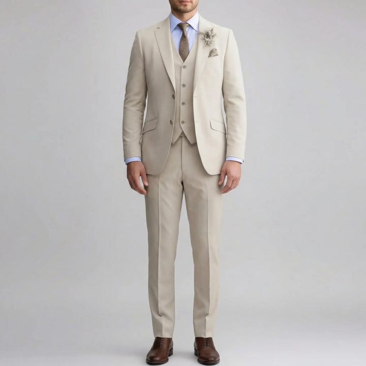 Beige slim fit three-piece men's suit. Perfect for summer weddings, business events & party attire.
