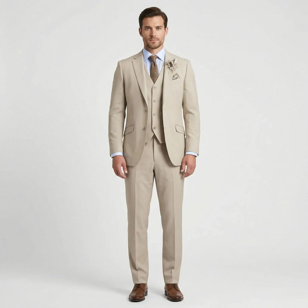 Gray slim fit three-piece men's suit. Modern formal wear, ideal for business meetings & wedding guests.