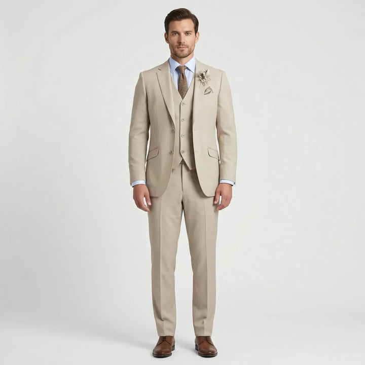 Gray slim fit three-piece men's suit. Modern formal wear, ideal for business meetings & wedding guests.