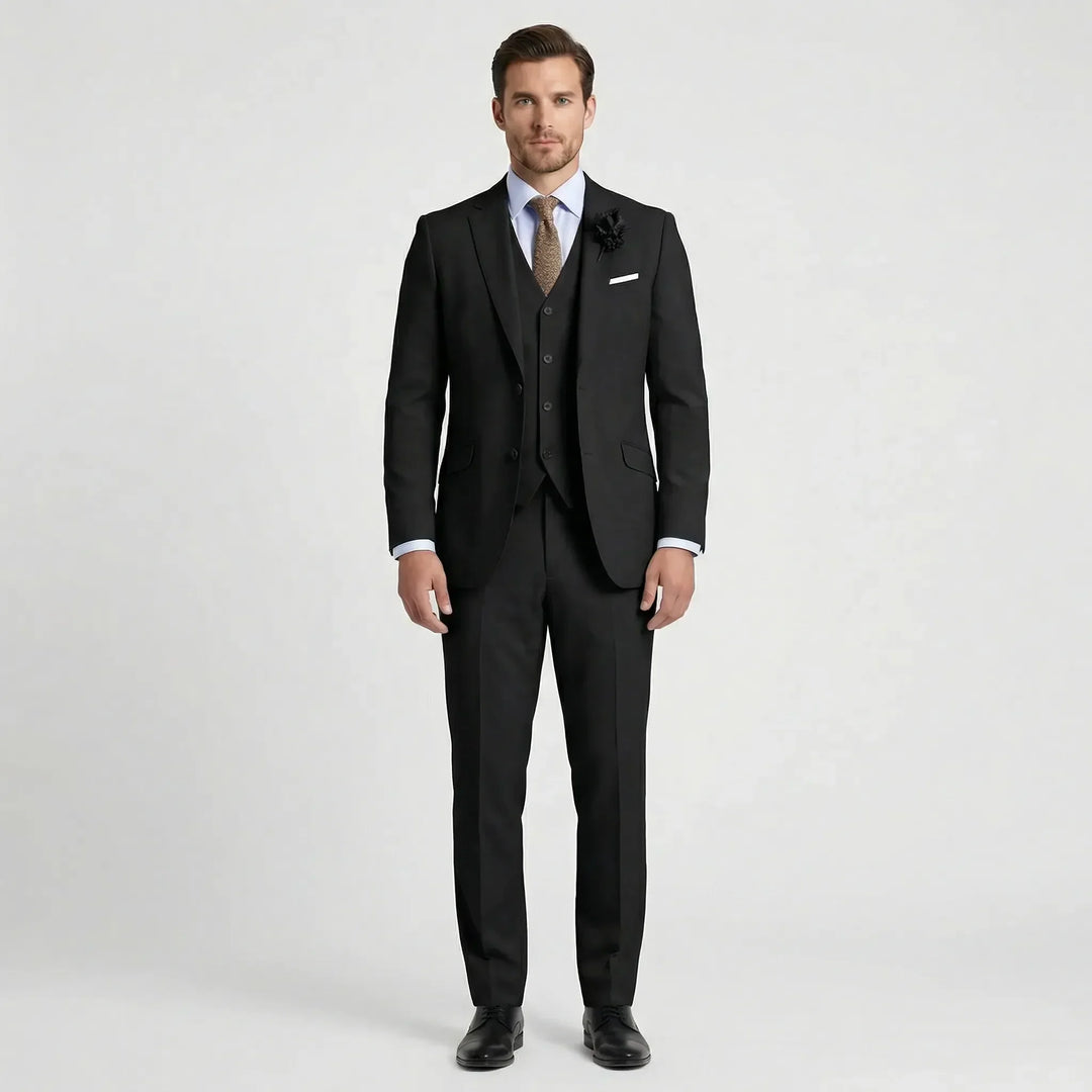 Stylish slim fit three-piece suit for men. Jacket, vest & trousers create elegant formal & business attire.