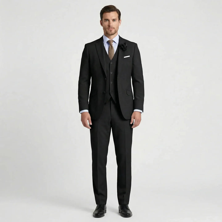 Stylish slim fit three-piece suit for men. Jacket, vest & trousers create elegant formal & business attire.
