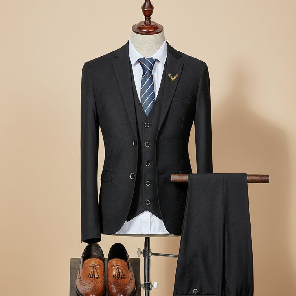 Classic men's formal slim fit three-piece suit. Ideal wedding suit, tailored for elegant event and business attire.