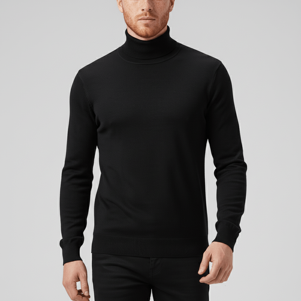 Modern men's slim-fit turtleneck. A sleek, bulk-free sweater for contemporary winter fashion.