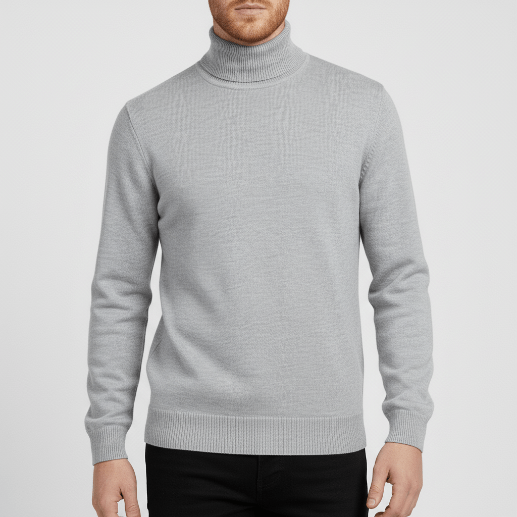 Comfortable men's slim-fit turtleneck sweater, ensuring warmth and a smooth look for layering.