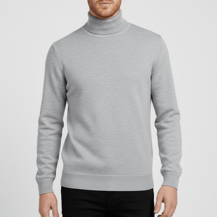 Comfortable men's slim-fit turtleneck sweater, ensuring warmth and a smooth look for layering.