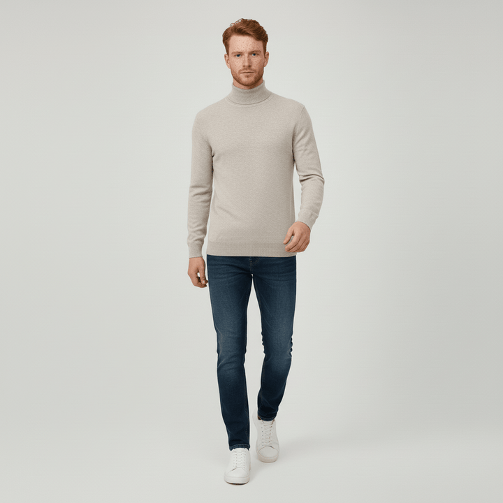 Polished men's slim-fit turtleneck sweater. Ideal for office attire & sophisticated men's fashion.