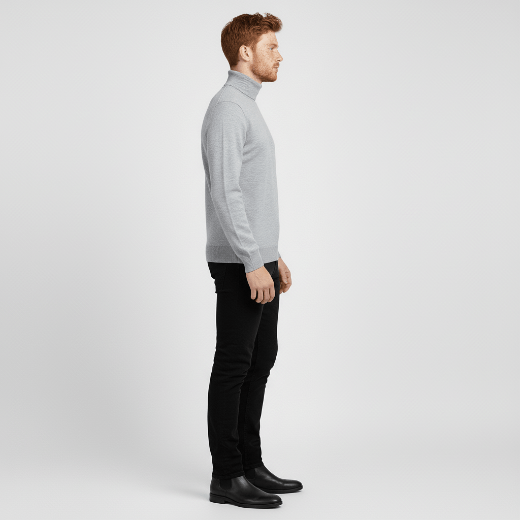 Versatile men's slim-fit turtleneck sweater for easy layering. A basic sweater for cool weather.