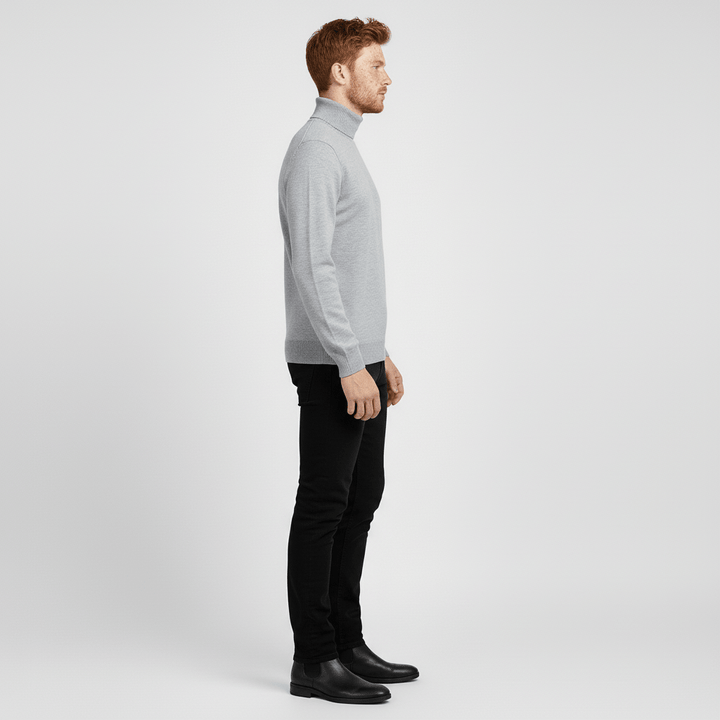 Versatile men's slim-fit turtleneck sweater for easy layering. A basic sweater for cool weather.
