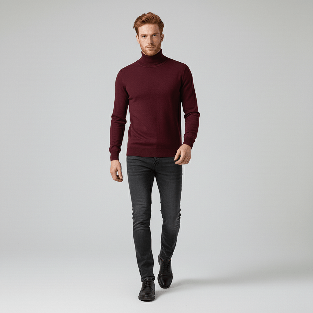 Close-up of a men's slim-fit turtleneck sweater, showcasing its sleek design & texture.