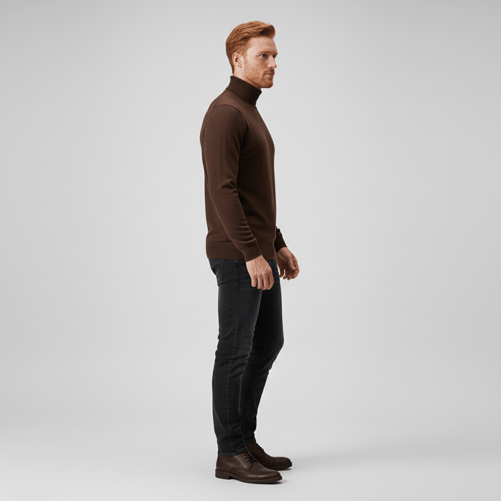 Basic men's slim-fit turtleneck, a foundational piece for any men's winter fashion wardrobe.