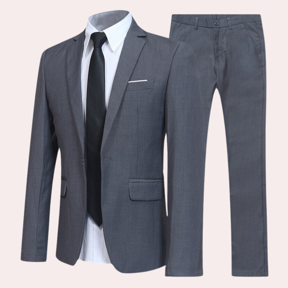 All-season men's slim fit two-piece formal suit. Professional tailored blazer & trousers for business & events.