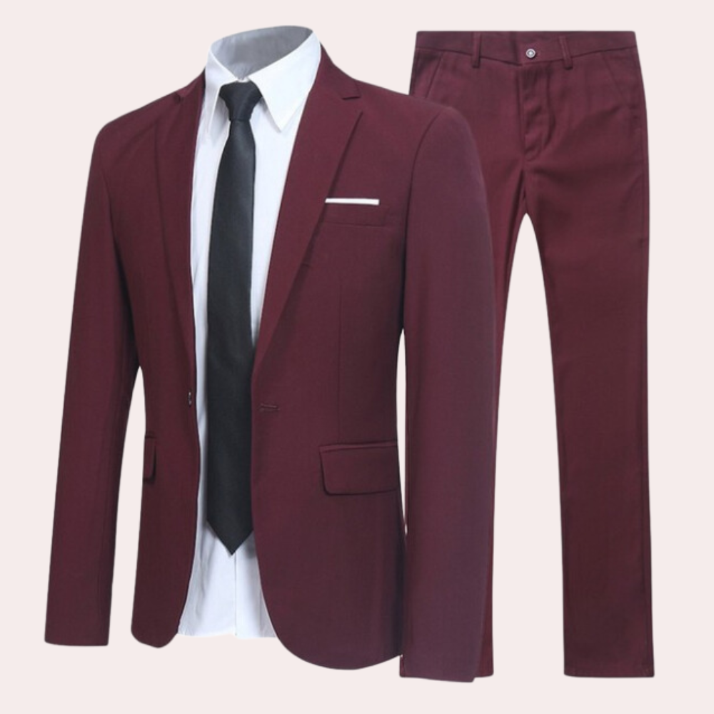 Elegant men's slim fit two-piece suit. Modern tailored blazer & trousers for professional, wedding & evening wear.
