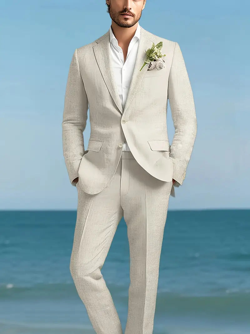 Men's slim fit two-piece suit. Stylish formal wear with blazer & trousers for business or events.
