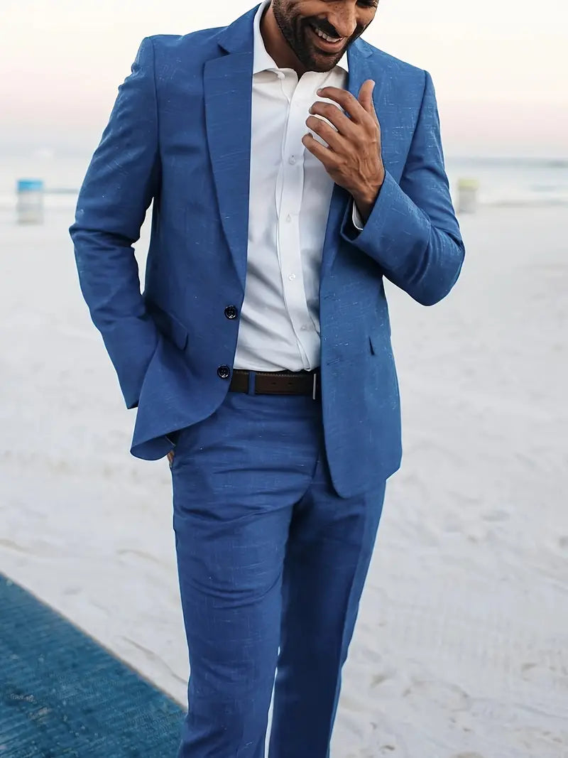 Professional men's formal suit. Two-piece slim fit blazer and trousers for sophisticated event wear.
