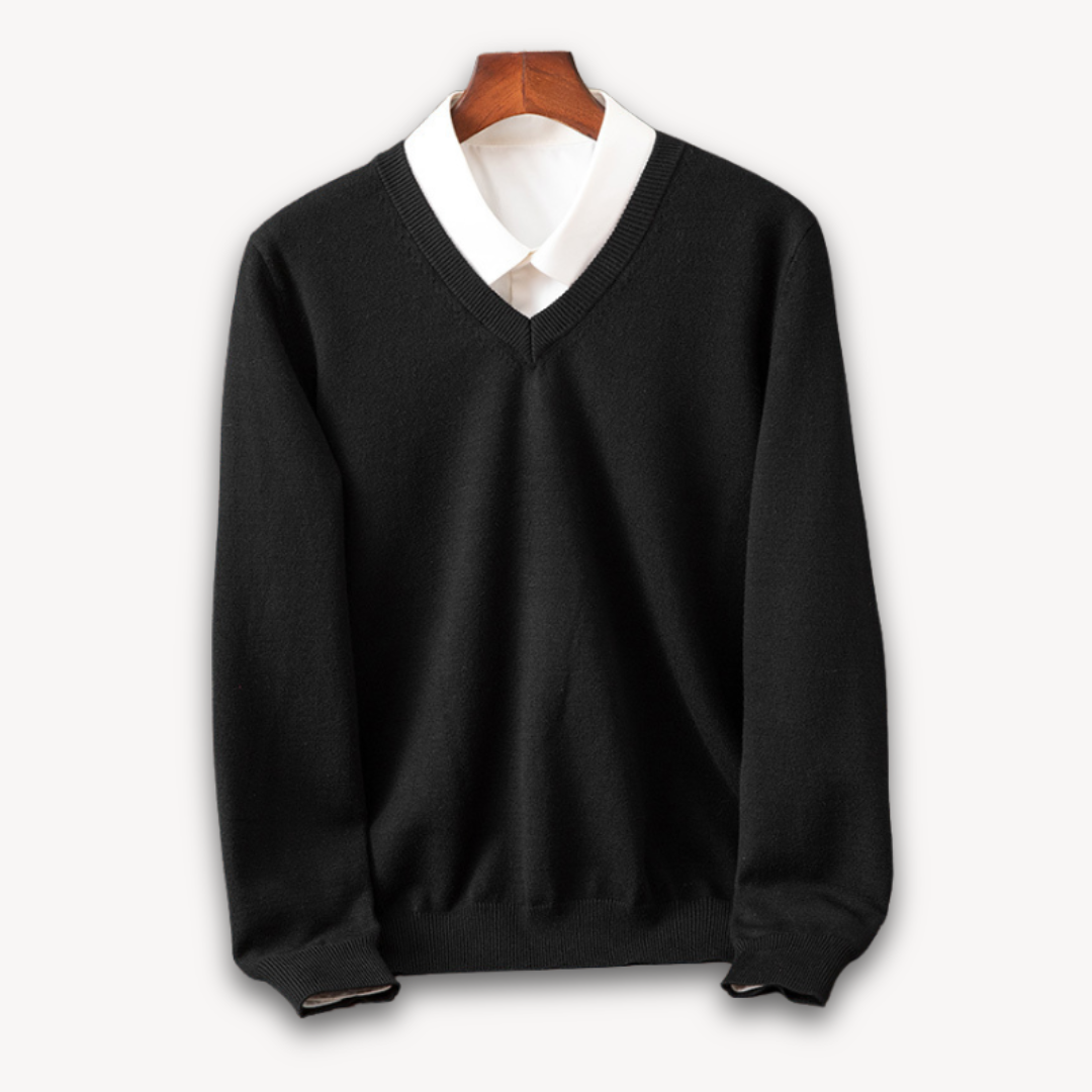Men's slim fit V-neck sweater, versatile for smart casual or layering.