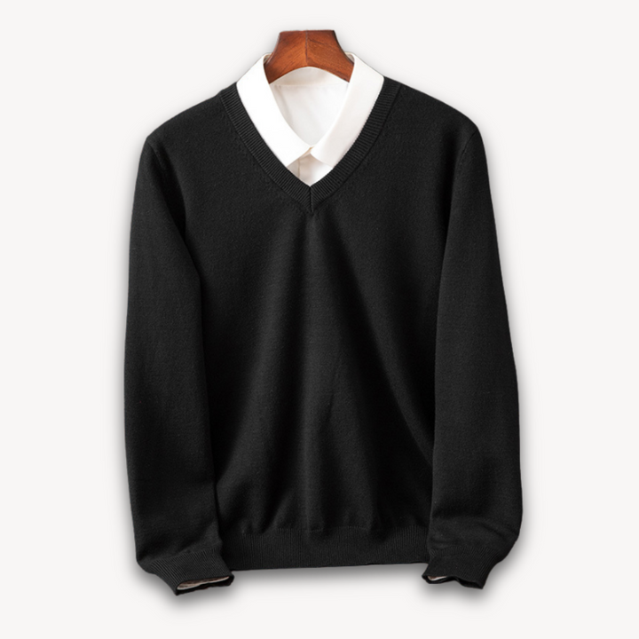 Men's slim fit V-neck sweater, versatile for smart casual or layering.