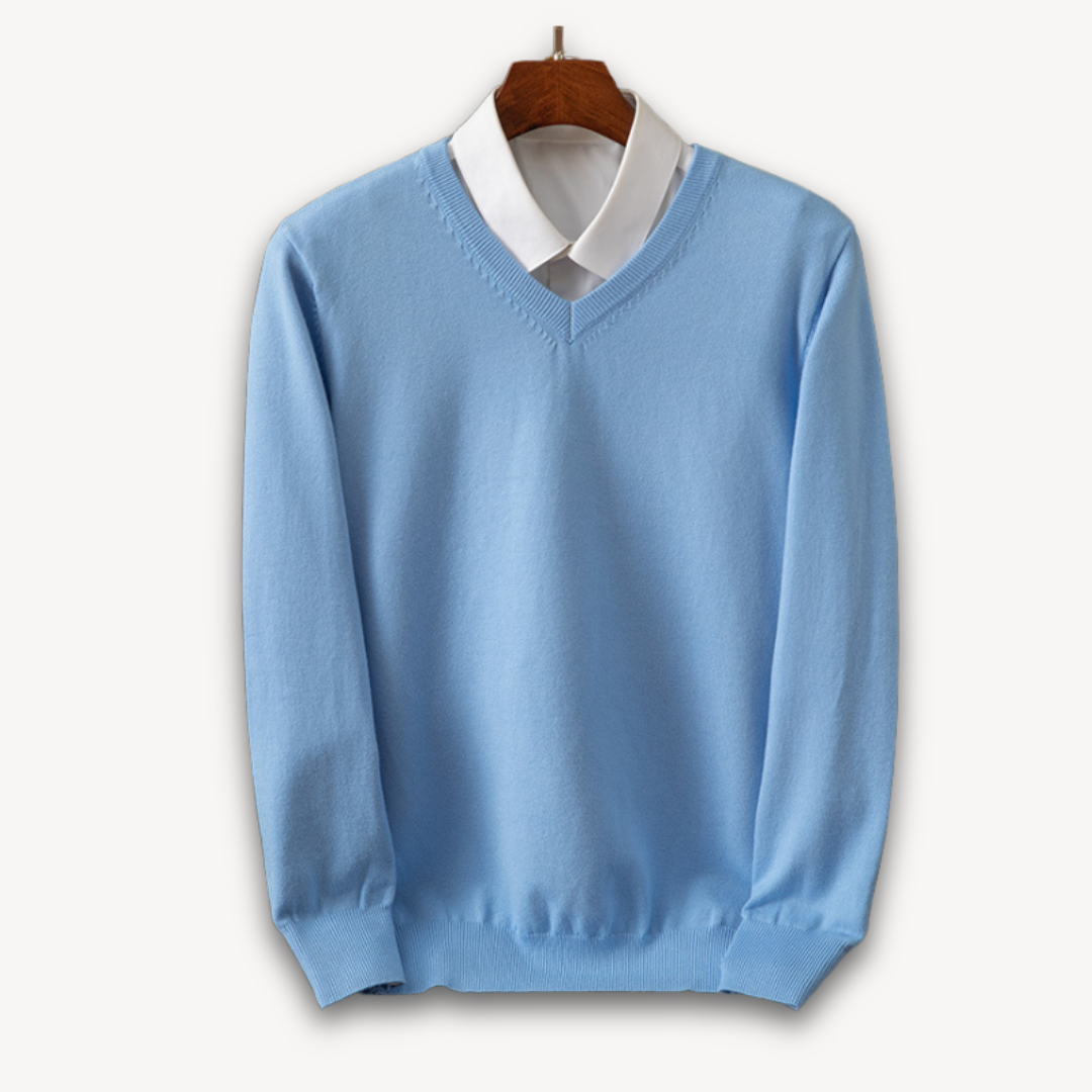 Versatile men's slim fit V-neck sweater, elegant long sleeve pullover for smart casual style.